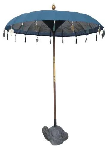 Product image of the product “Bali umbrella, Blue 2 with wooden coins and gold leaves hanging around the edge. Approx. 190cm dia. and 250cm height ”